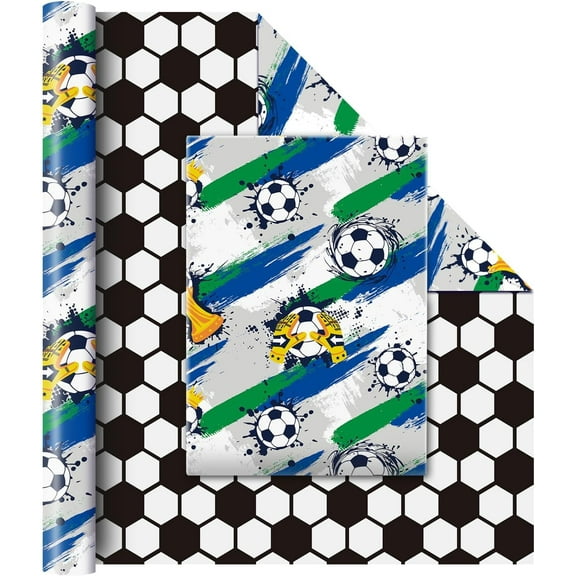 Soccer Sports Wrapping Paper Roll - 1 Roll 17” x 33 ft Football Gift Wrap Roll Sports Wrapping Paper White for Boys Birthday Party Decor Supply Holiday Gifts Packing, Reversible