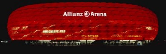 Soccer Stadium Lit Up At Night Allianz Arena Munich Germany Canvas Art - Panoramic Images (36 x 12)