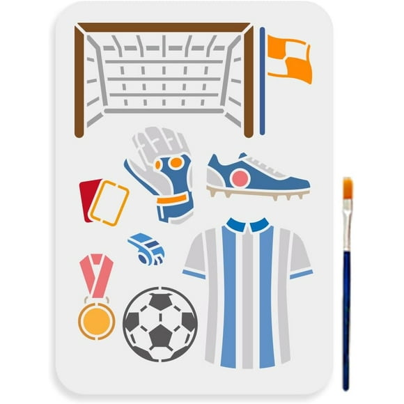 Soccer Stencils 11.78.3inch Soccer Jersey Shoes Goal Medal Stencil with Paint Brush Football Theme Templates for Furniture Windows Wood Wall Tile Canvas Fabric Floor