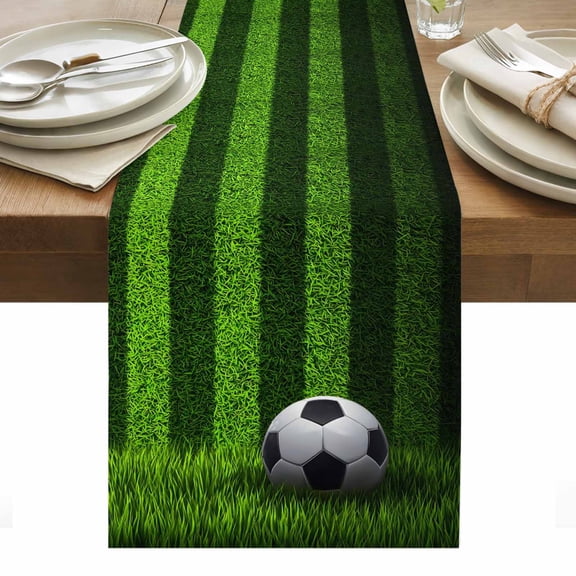 Soccer Table Runner Football Vertical Stripes Turf Vibrant Green Tablerunners 13 x 36 Inch, Table Decorations Tabletop Scarf for Summer Gathering Holiday Farmhouse Kitchen Dining Decor