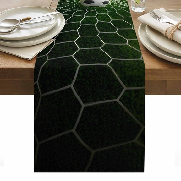 Soccer Table Runner Goal Net Competitive Green Grass Athletic Tablerunners 13 x 36 Inch, Table Decorations Tabletop Scarf for Summer Gathering Holiday Farmhouse Kitchen Dining Decor