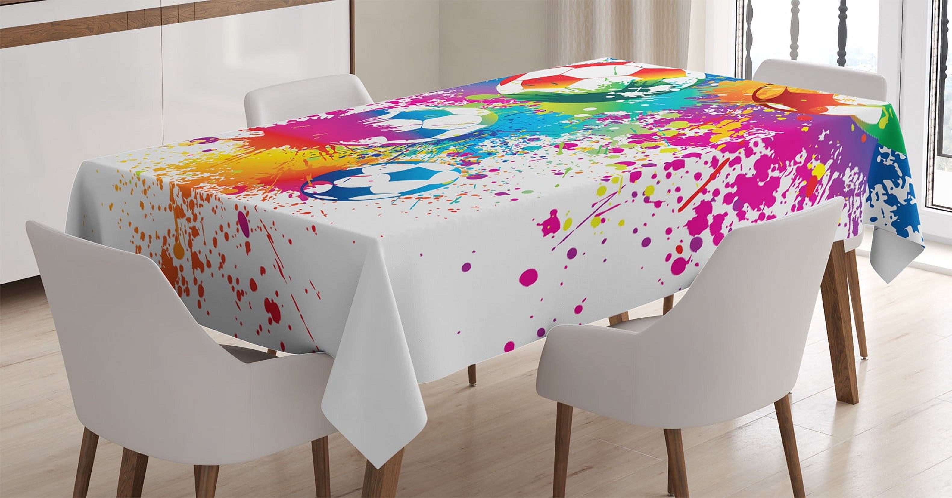 Soccer Tablecloth, Colored Splashes All over Soccer Balls Score World Cup Championship Athletic