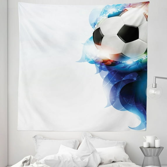 Soccer Tapestry, Soccer Ball Surrounded by Art Graphic Vivid Petals Football Game Theme, Fabric Wall Hanging Decor for Bedroom Living Room Dorm, 5 Sizes, Dark Blue White Black, by Ambesonne