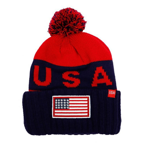 Soccer Team/Country Beanies w/Pom Pom, Cuff 12 inch - USA / Red Navy