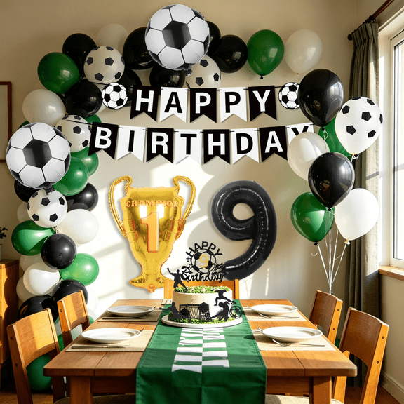 Soccer Theme 9th Birthday Party Decorations - All-in-One Kit with Balloons, Banner & Trophy for Festive Celebrations