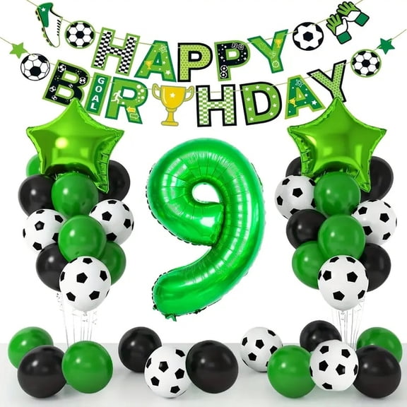 Soccer Theme Balloon Set, Green Number Foil Balloons, Sports Party Decorations, Aluminum Film Balloon Kit, Birthday Celebration Supplies, Number 9