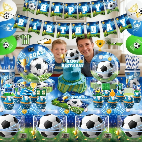 Soccer Theme Birthday Party Decorations Paper Tableware Set Party Supplies for Parties 7in Plates 9in Plates Cups Napkins Banner Table Cover Forks Party Decor