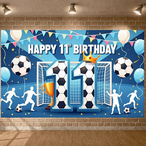 Soccer Theme Happy 11th Birthday Banner Blue Background Football Party Backdrop Golden Crown Trophy Design Soccer Birthday Display for Kids Birthday Party Football Themed Party Photo Shoot Backdrop