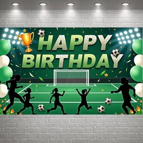 Soccer Theme Soccer Birthday Banner Football Elements Backdrop Green Background Trophy Design Sports Celebration Background for Kids Birthday Party Soccer Themed Celebration Football Party Decor