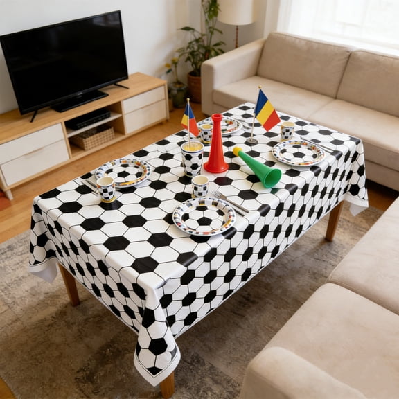 Soccer Theme Tablecloth, 107.87x53.94in Sports Rectangular Party Table Cover, Waterproof Disposable Table Liner, Decorative Cloth for Buffet, Birthday, Picnic & Kitchen Use