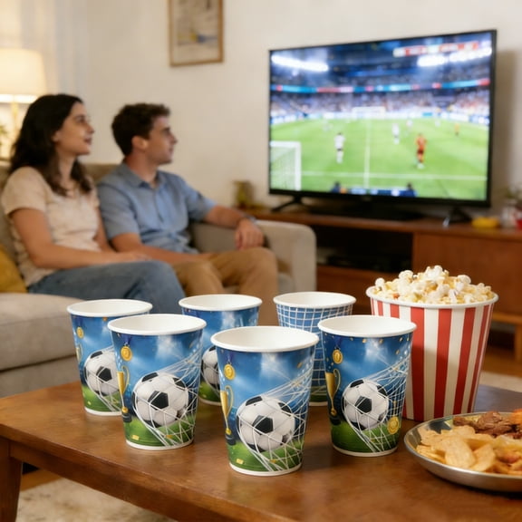 Soccer Themed Disposable Paper Cups, 10-Pack Football Trophy and Ball Design Tableware, Ideal for Kids' Birthday Parties, Game Day Celebrations, Sports Events and Party Decorations