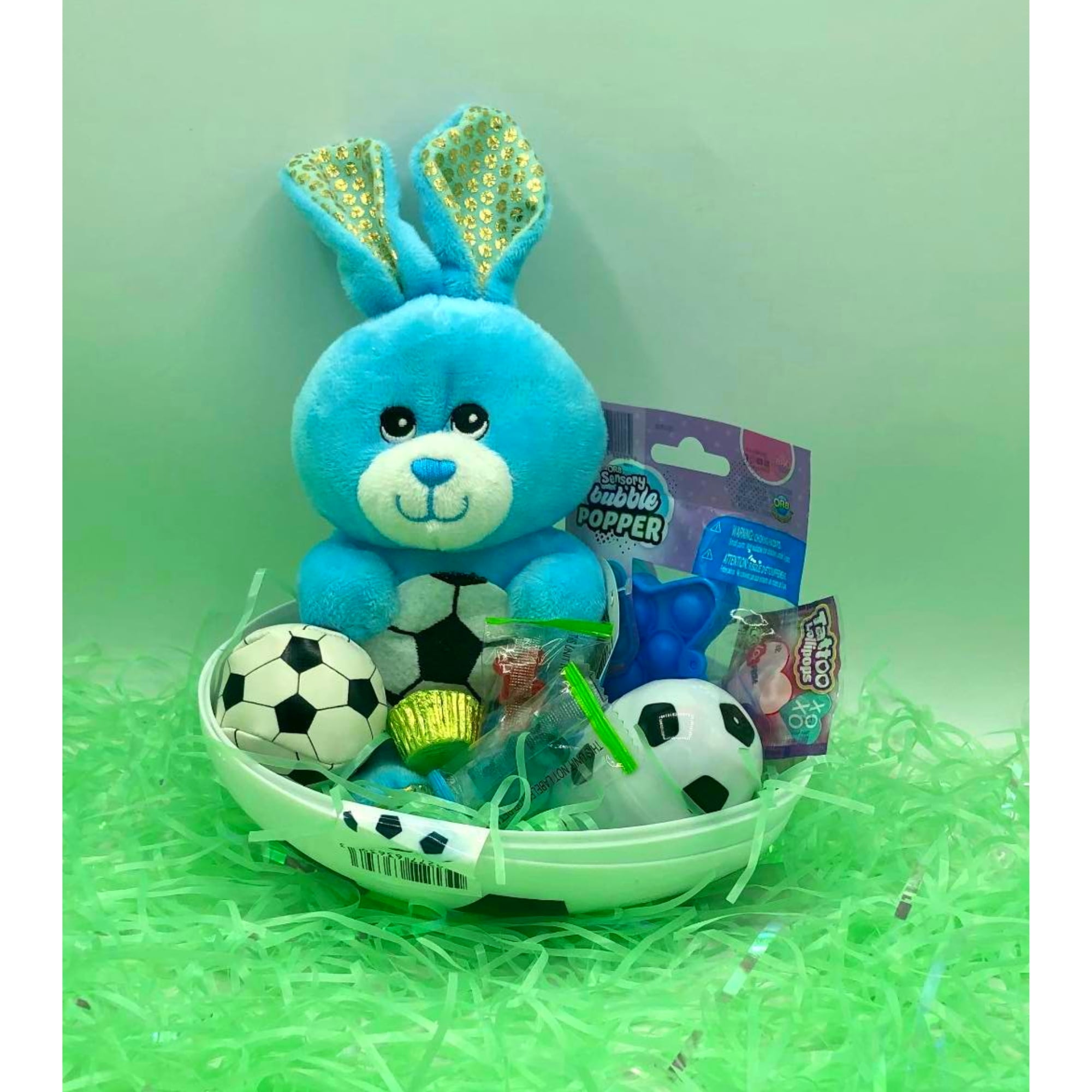 Soccer Themed Easter Basket, Prefilled Egg Gifts with Plush Stuffed Toy