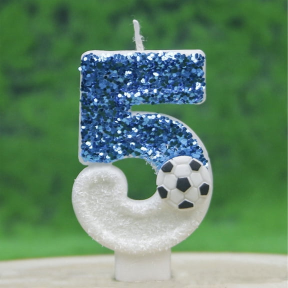 This Soccer-Themed Number Birthday Candle Features A Unique 5-Shaped Design With Glittery Blue Texture And A Small Soccer Ball Accent, Perfect For Adding A Playful Touch To