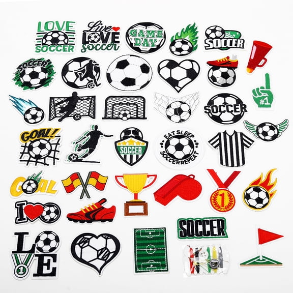 Soccer Themed Patches Set of 36 Styles - Embroidered Iron On & Sew On Sport Ball Appliques for Customizing Hats, Caps, Jerseys, Backpacks, Jackets, Gifts for Soccer Fans