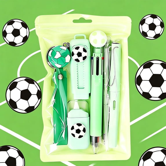 Soccer Themed Stationery Set, Learning Box Including 3 Pens, Correction Tape, Keychain, Eraser 6 Piece Sets, Green