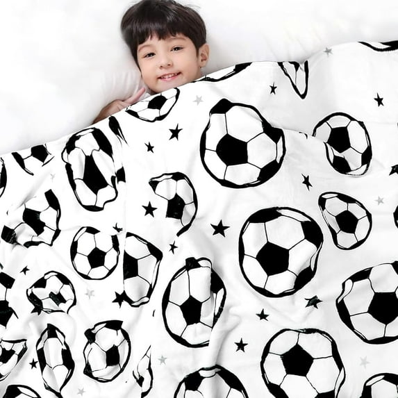Soccer Throw Blanket Sports Ball Theme Soft Cozy Flannel Blanket Black and White Fuzzy Blanket for Soccer Lovers Room Couch Bed Chair Sofa, 50 x 60in