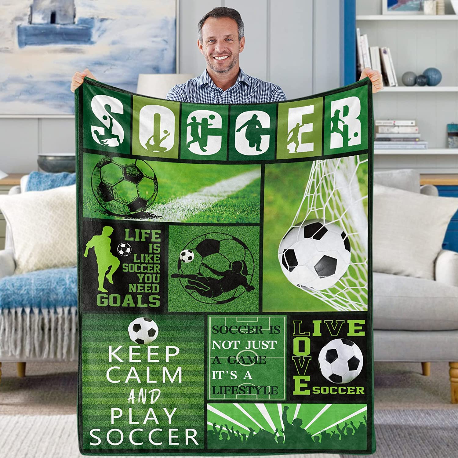 Soccer Throw Blankets for Teens Soft Flannel Soccer Ball Blanket Green