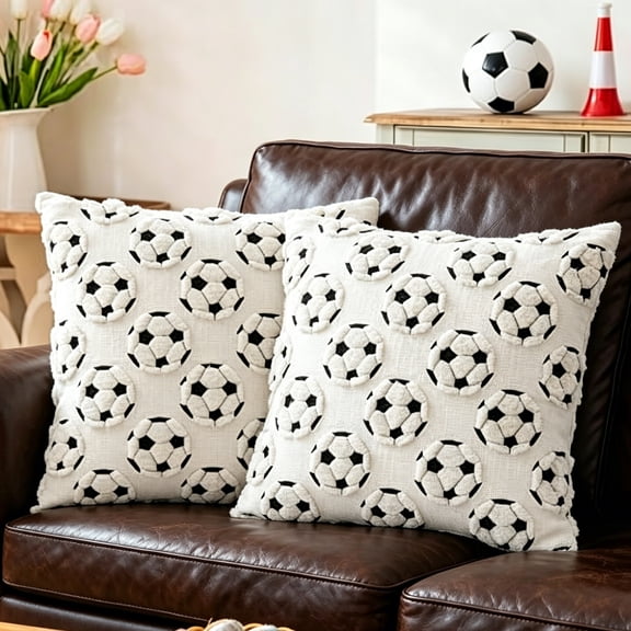 Soccer Throw Pillow Covers 18x18 Set of 2 - Cream White Velvet Pillow Cases for Couch Sofa Living Room & Bed Clean Modern Decor, Soccer Pillowcase Sports Fan Gift
