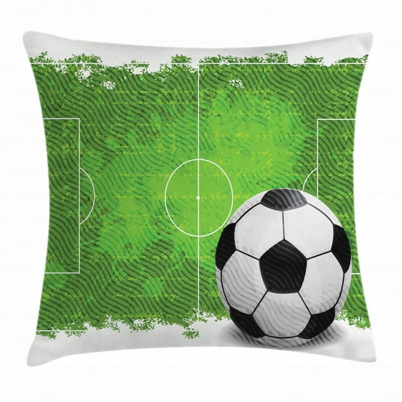 Soccer Throw Pillow Cushion Cover, Grunge Worn Looking Pitch Pattern Football Six Yard Box Vintage Illustration, Decorative Square Accent Pillow Case, 18 X 18 Inches, Green Black White, by Ambesonne