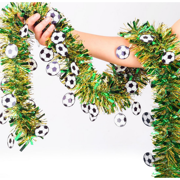 Soccer Tinsel Garland 6.6FT, Green Gold Soccer Party Decorations for Soccer Watch Party, Football Tinsel Garland with Soccer Cutouts for Graduation Soccer Party Game Day Indoor Outdoor Decor