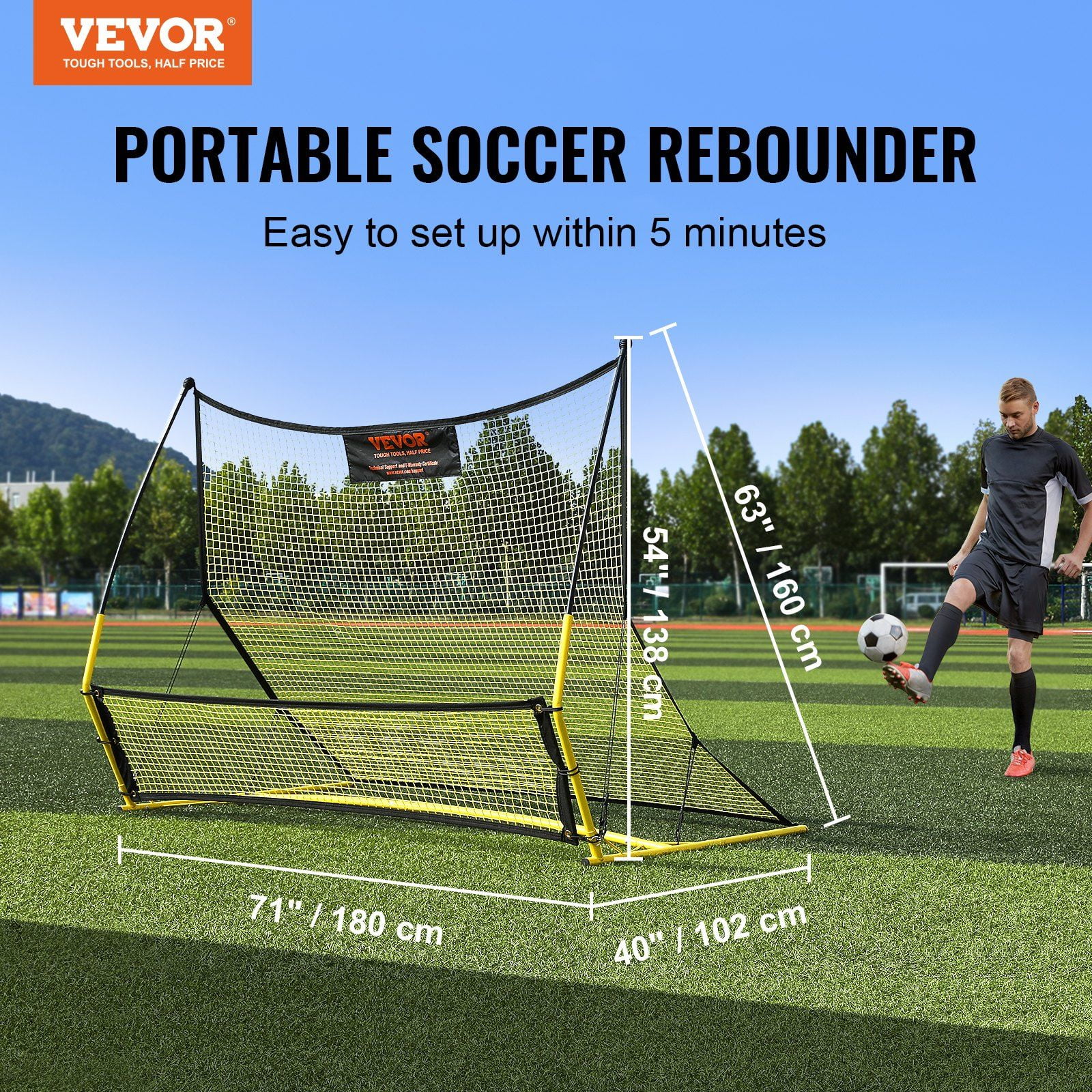 71"x40" Soccer Practice Rebounder Net, Durable Iron Football Trainer – 2-in-1 Portable Design for Passing, Volley & Solo Drills