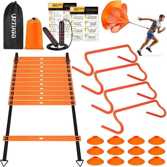 Soccer Training Equipment, Speed Agility Training Equipment for Youth Adults, 20ft Agility Ladder, 4 Hurdles, Jump Rope, 12 Cones, Running Parachute, Basketball Football Training Equipment