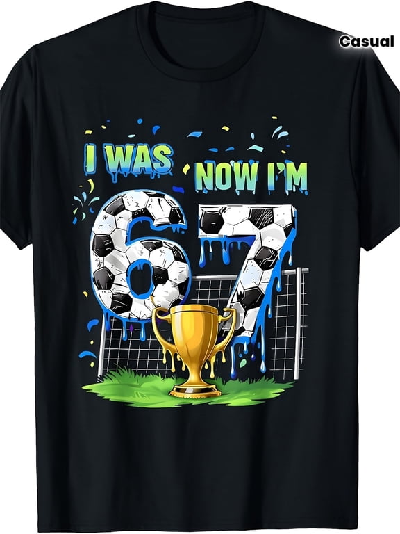 Soccer Trophy 67 Birthday Graphic Unisex Short Sleeve Cotton Tee For Kids Funny Style Holiday Gift