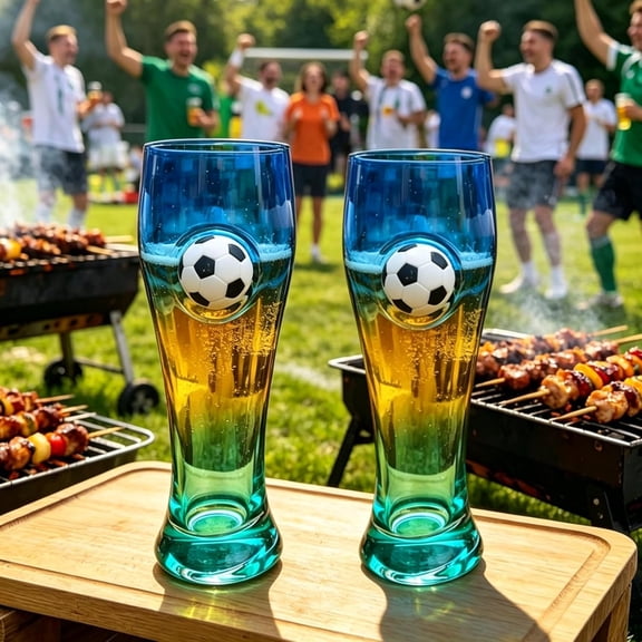 Soccer Trophy Beer Glass 2Pcs 14.2oz for Party Soccer Fans15 OuncesBlue