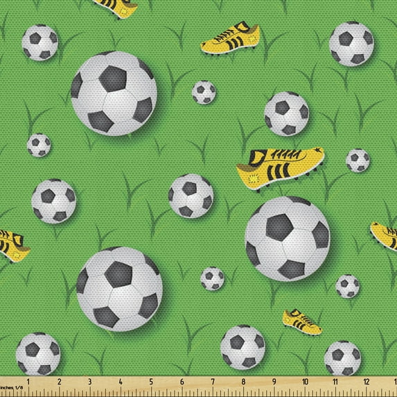 Ambesonne Soccer Fabric by the Yard Upholstery, Shoes Balls on Grass, 2 Yards, Lime Green Yellow Black
