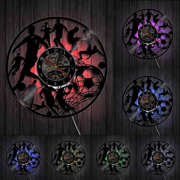 Soccer Wall Clock Football Players Kick Ball Net Goal Futball Field Ball Team Sport School College Kids Game Vinyl Record Clock