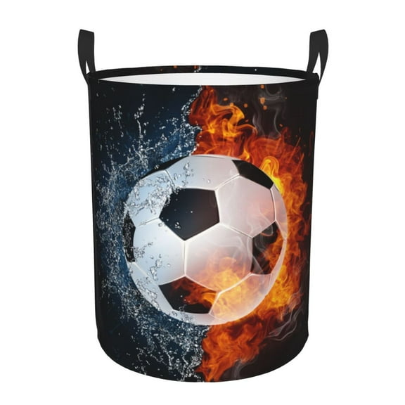 Soccer Water Fire Circular Laundry Hamper With Handles, Collapsible Canvas Organizer Basket For Dirty Clothes, Storage or Bedroom Small