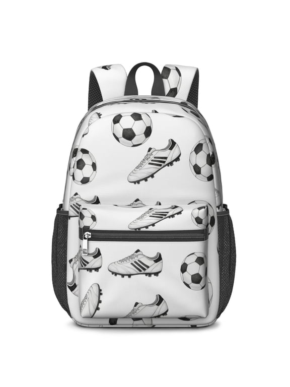 Soccer and Cleat White Pattern 17" School Backpacks for Teens,Waterproof Oxford Fabric,S-Shape Padded Straps for School,Travel,Hiking,Camping