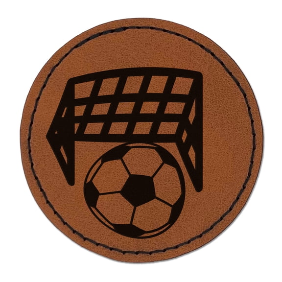 Soccer and Goal Net 2.5" Faux Leather Round Engraved Iron-On Patch - Brown