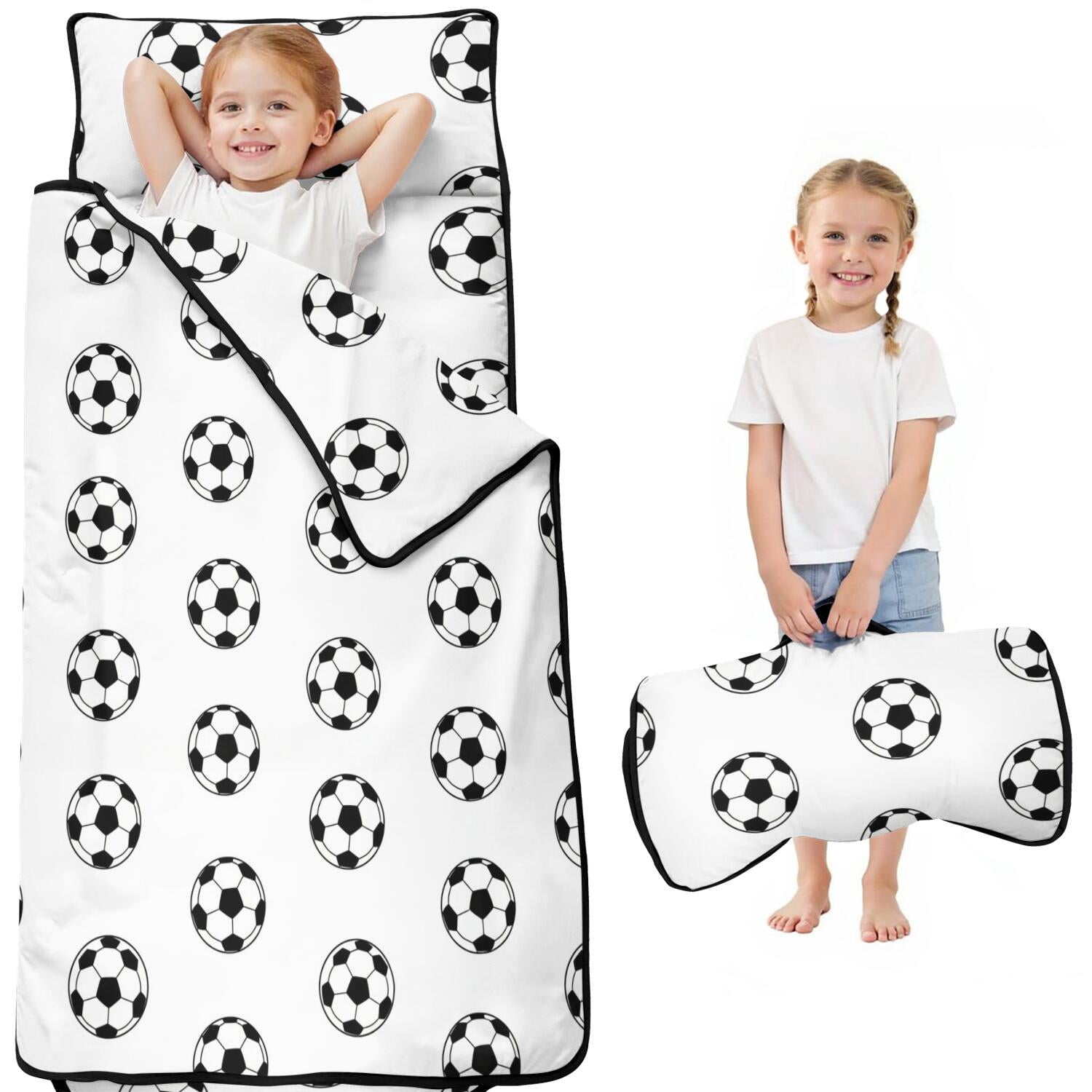 Grid Patterning Soccer and Grid White Pattern Toddler Nap Mat with Pillow & Blanket ...