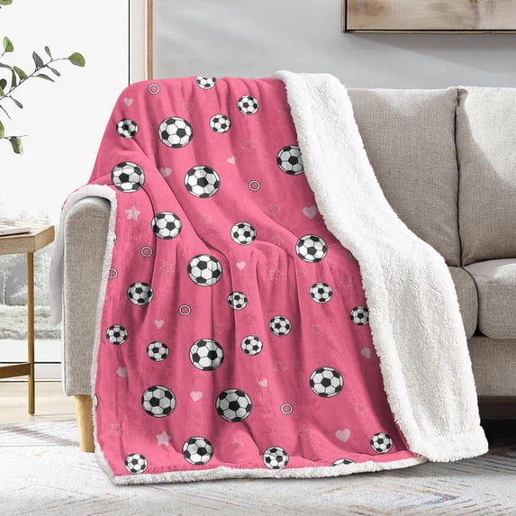 Soccer and Heart Pink Pattern Soft Sherpa Fleece Throw Blanket, Warm Cozy Plush Blanket for Sofa Bed Couch, All Season, 40"x50"