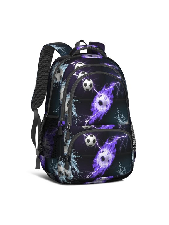 Soccer and Lightning Black Pattern 16.9 Inch Lightweight School Bag, Cute Multi-Pocket Backpack with Padded Back for Daily Use