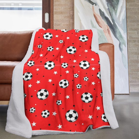 Soccer and Star Red Pattern Soft Sherpa Fleece Throw Blanket, Warm Cozy Plush Blanket for Sofa Bed Couch, All Season, 60"x80"