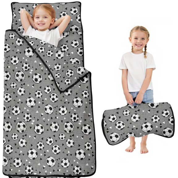 Soccer and Triangle Gray Pattern Toddler Nap Mat with Pillow & Blanket, Soft Sleeping Mat for Preschool Daycare Travel Sleepovers