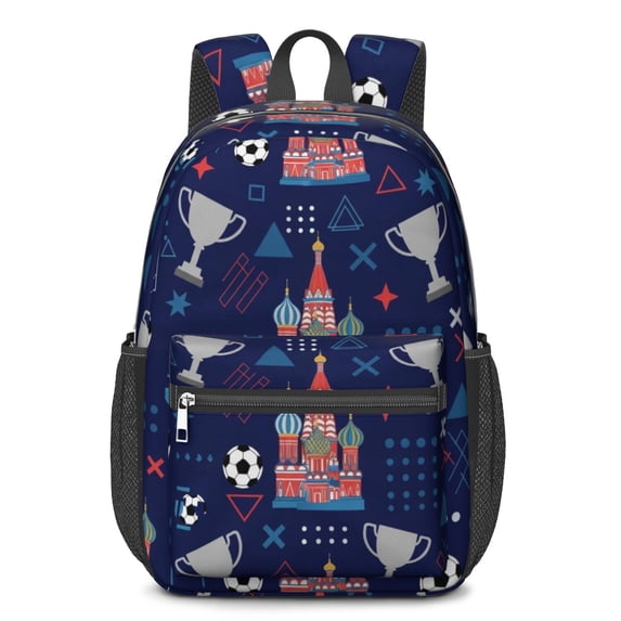 Soccer and Trophy Blue Pattern 17" School Backpacks for Teens,Waterproof Oxford Fabric,S-Shape Padded Straps for School,Travel,Hiking,Camping
