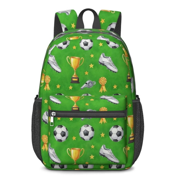 Soccer and Trophy Green Pattern 17" School Backpacks for Teens,Waterproof Oxford Fabric,S-Shape Padded Straps for School,Travel,Hiking,Camping