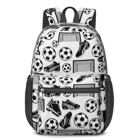 Soccer and Trophy White Pattern 17" School Backpacks for Teens,Waterproof Oxford Fabric,S-Shape Padded Straps for School,Travel,Hiking,Camping