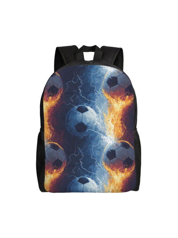 Soccer ball and flames Backpack with 15 Inch Laptop Compartment,Water-Resistant Daypack, Large Capacity Backpack with Adjustable Breathable Shoulder Straps for Daily Use Travel Gym