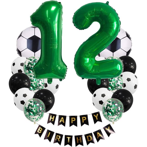 Soccer birthday party decorations, suitable for children's 12th birthday decoration, number 12 balloon garland, soccer theme, green soccer-themed celebration balloons
