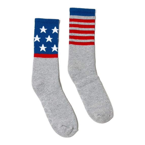 SOCCO USA-Made Striped Crew Socks SC100 Grey/ Mis-Match Flag L/XL