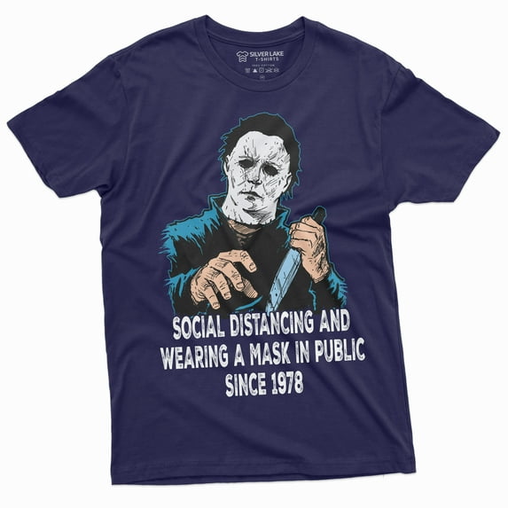 Social Distancing And Wearing Mask Funny Halloween Horror T-Shirt Michael Myers Mens Tee (Small Navy Blue)