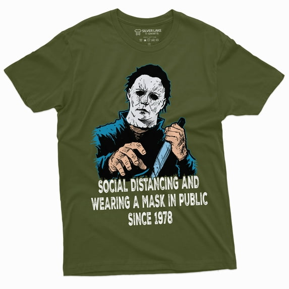 Social Distancing And Wearing Mask Funny Halloween Horror T-Shirt Michael Myers Mens Tee (Xx-Large Military Green)