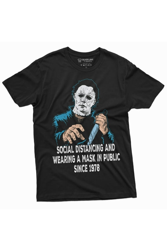 Social Distancing And Wearing Mask Funny Halloween Horror T-Shirt Michael Myers Mens Tee