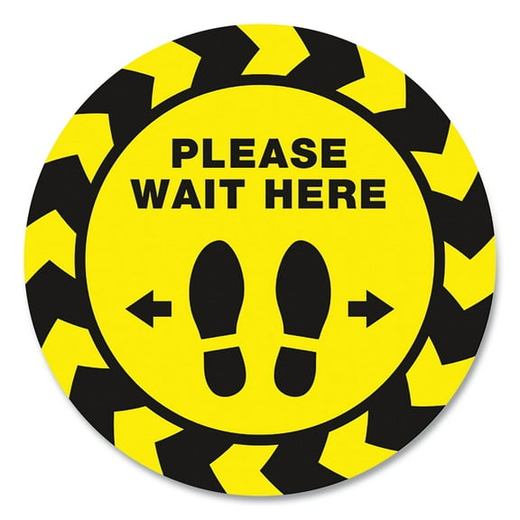 Social Distancing Floor Decals, 10.5" Dia, Please Wait Here, Yellow/black Face, Black Graphics, 5/pack