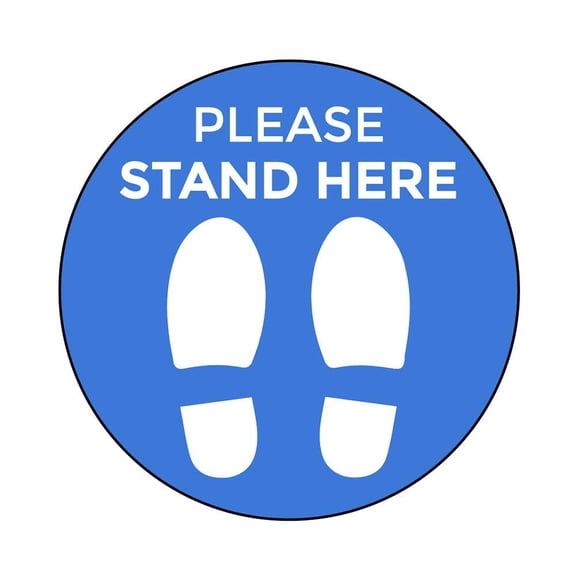 Social Distancing Floor Decals - Blue Stand Here Design - 12 Inch Circle - Removable Pressure-Sensitive Vinyl - Online Labels (Pack of 25)
