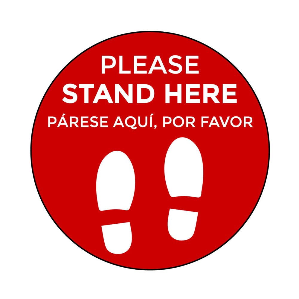 Social Distancing Floor Decals in English & Spanish - Pack of X COVID Stickers - Red Stand Here Design - 12 Inch Circle - Removable Pressure-Sensitive Vinyl - Online Labels (Pack of 10)